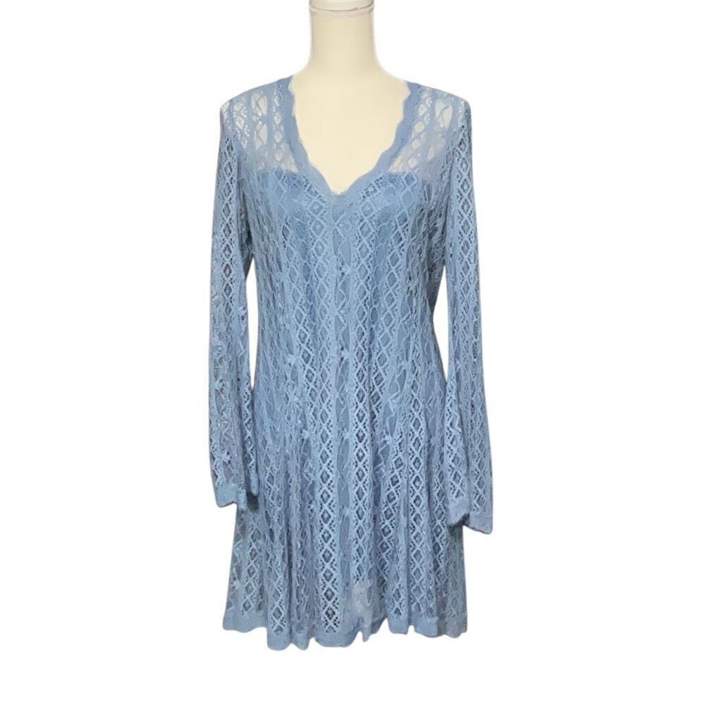 Heartloom Blue Long Sleeve V Neck Lined Full Lace A Line Dress Size Medium